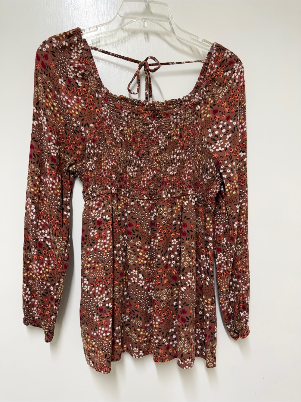 Sonoma Brown Floral Smocked Peasant Blouse with Red and White Accents